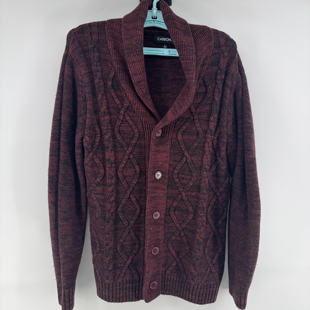 Carbon Shawl Collar Cardigan Sweater Men's Large Red Cable Knit